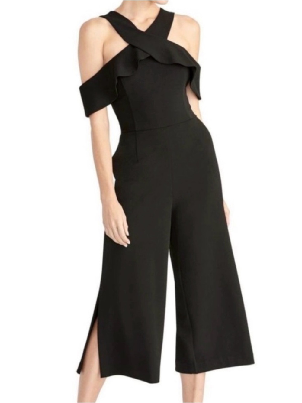 Rachel Roy Black Cross Neck Cold Shoulder Ruffle Cropped Jumpsuit Cocktail S